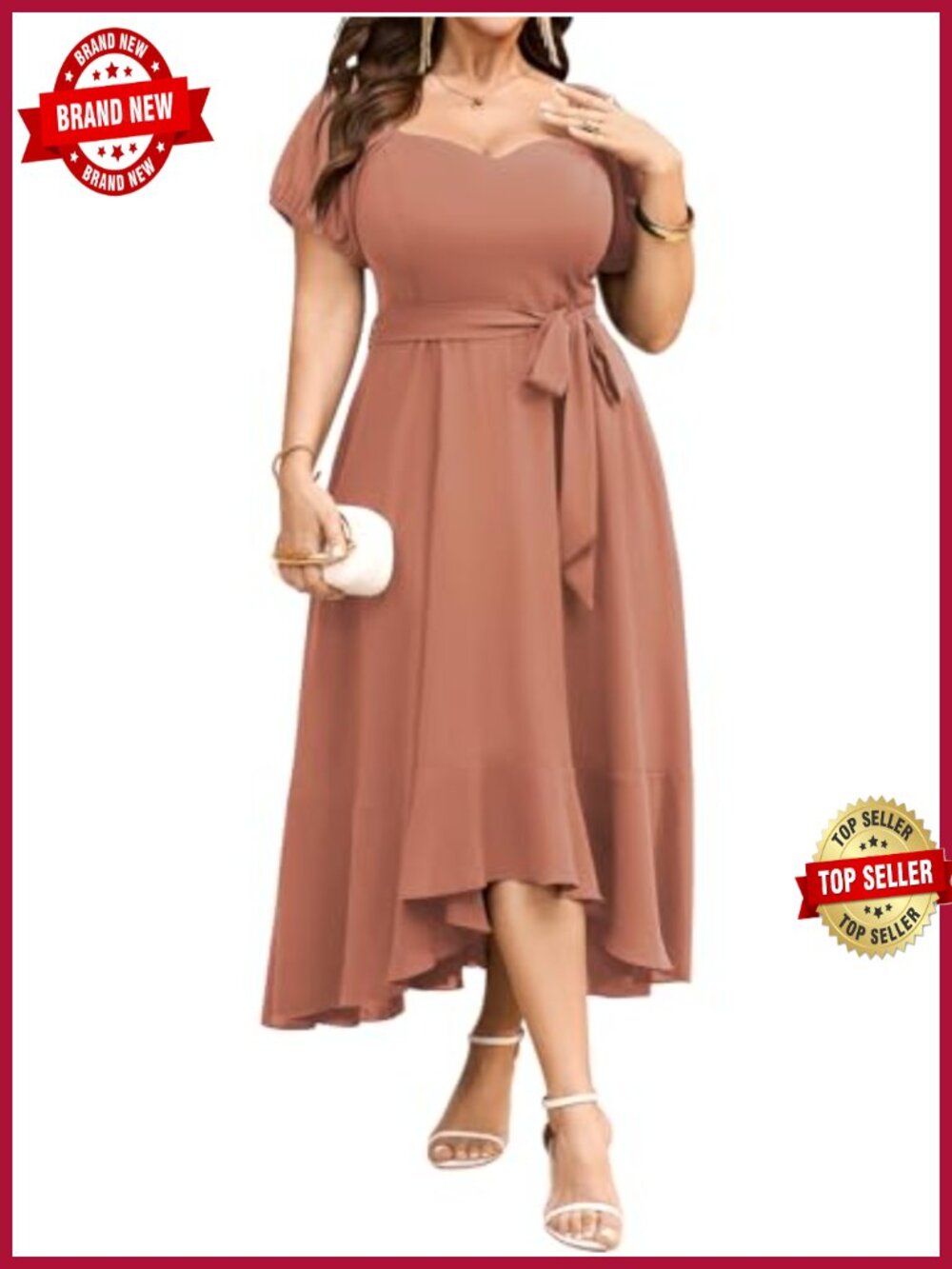 Plus Size Sweetheart Neckline Puff Sleeve Belted Maxi Dress with Pockets